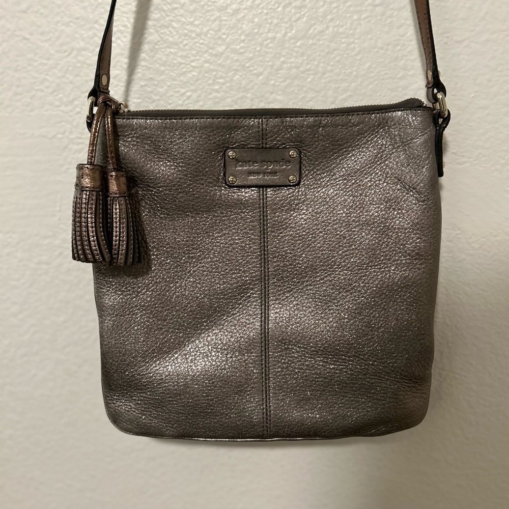 Kate Spade Metallic Silver Gray Leather Double Gussets Crossbody